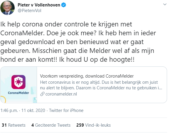 Tweet Pieter Van Vollenhoven Coronamelder